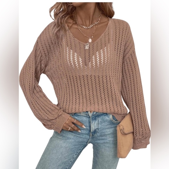Sheer Open Knit Detail Hem Long Sleeve Lightweight Sweater/Top - Picture 2 of 6